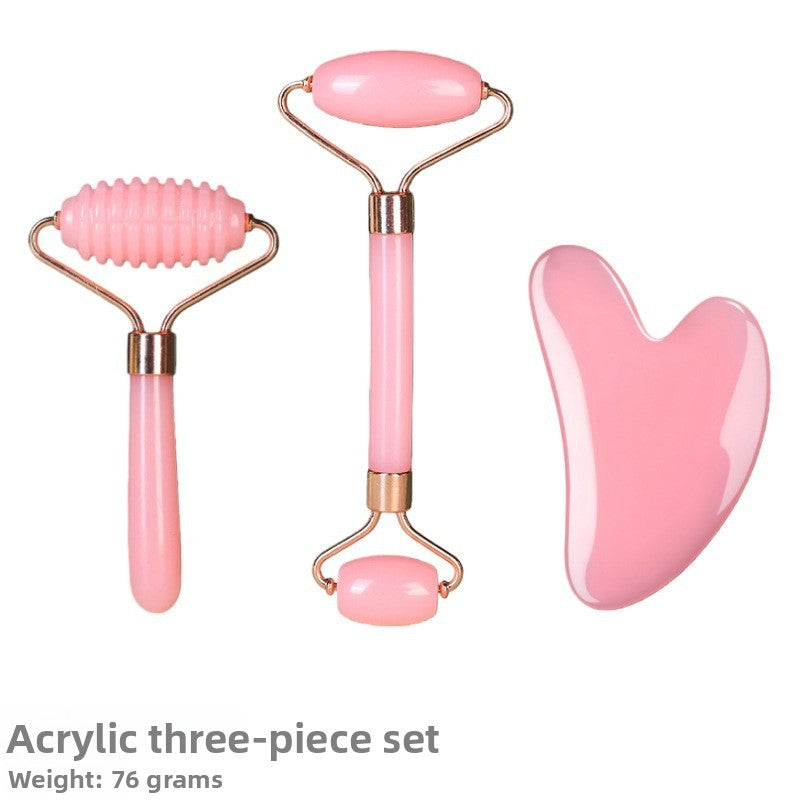 Juego de rodillo de masaje facial y piedra Gua Sha de resina efecto cristal