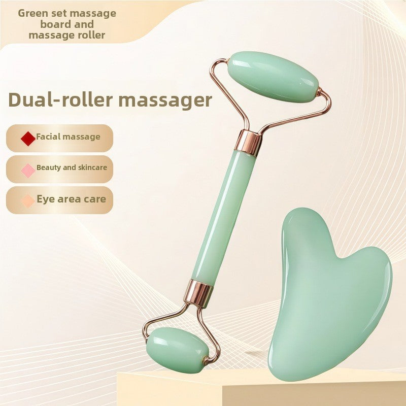 Juego de rodillo de masaje facial y piedra Gua Sha de resina efecto cristal