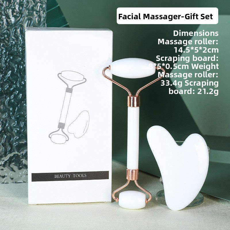 Juego de rodillo de masaje facial y piedra Gua Sha de resina efecto cristal