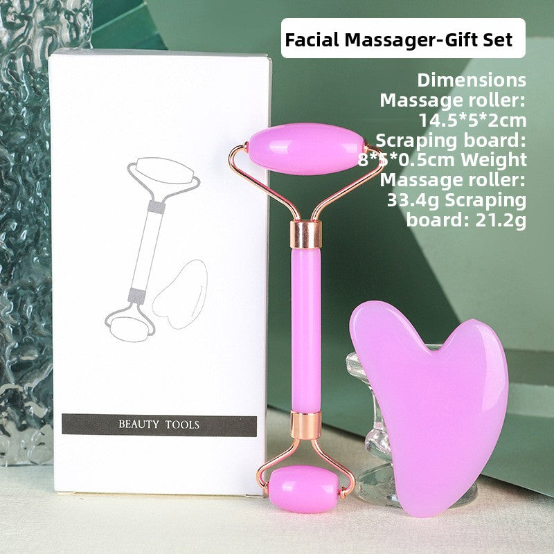 Juego de rodillo de masaje facial y piedra Gua Sha de resina efecto cristal