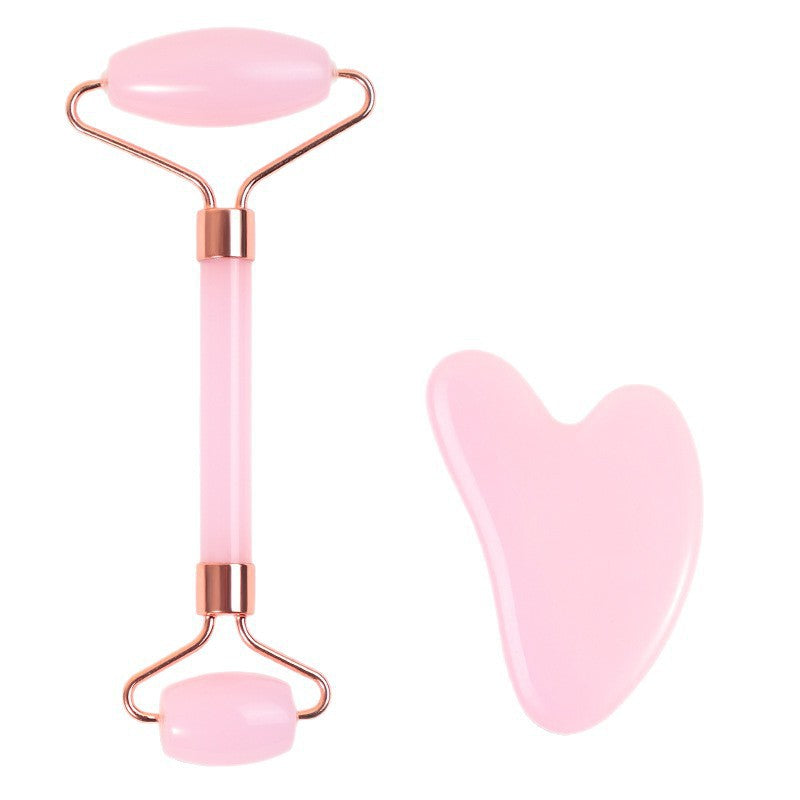 Juego de rodillo de masaje facial y piedra Gua Sha de resina efecto cristal