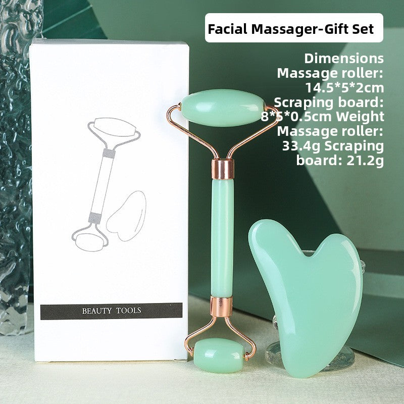 Juego de rodillo de masaje facial y piedra Gua Sha de resina efecto cristal