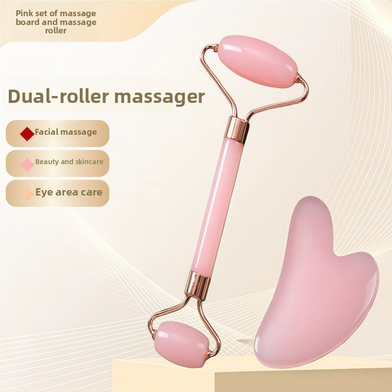 Juego de rodillo de masaje facial y piedra Gua Sha de resina efecto cristal