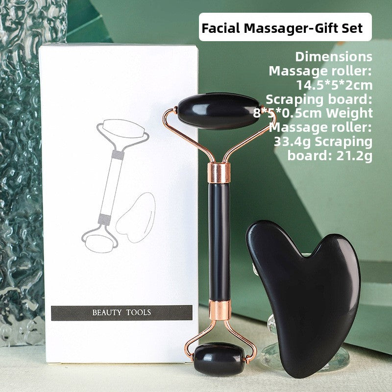 Juego de rodillo de masaje facial y piedra Gua Sha de resina efecto cristal