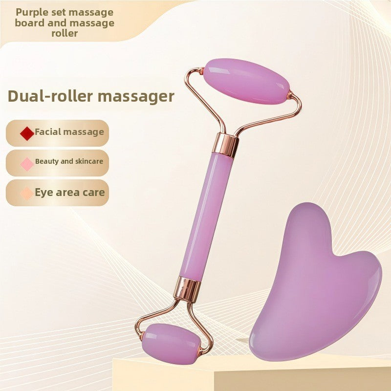Juego de rodillo de masaje facial y piedra Gua Sha de resina efecto cristal