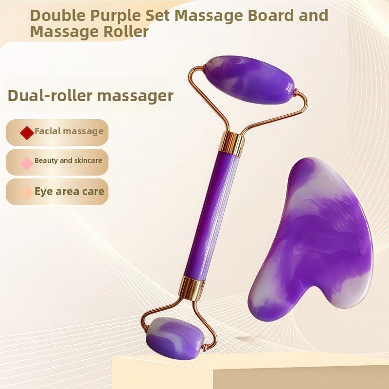 Juego de rodillo de masaje facial y piedra Gua Sha de resina efecto cristal