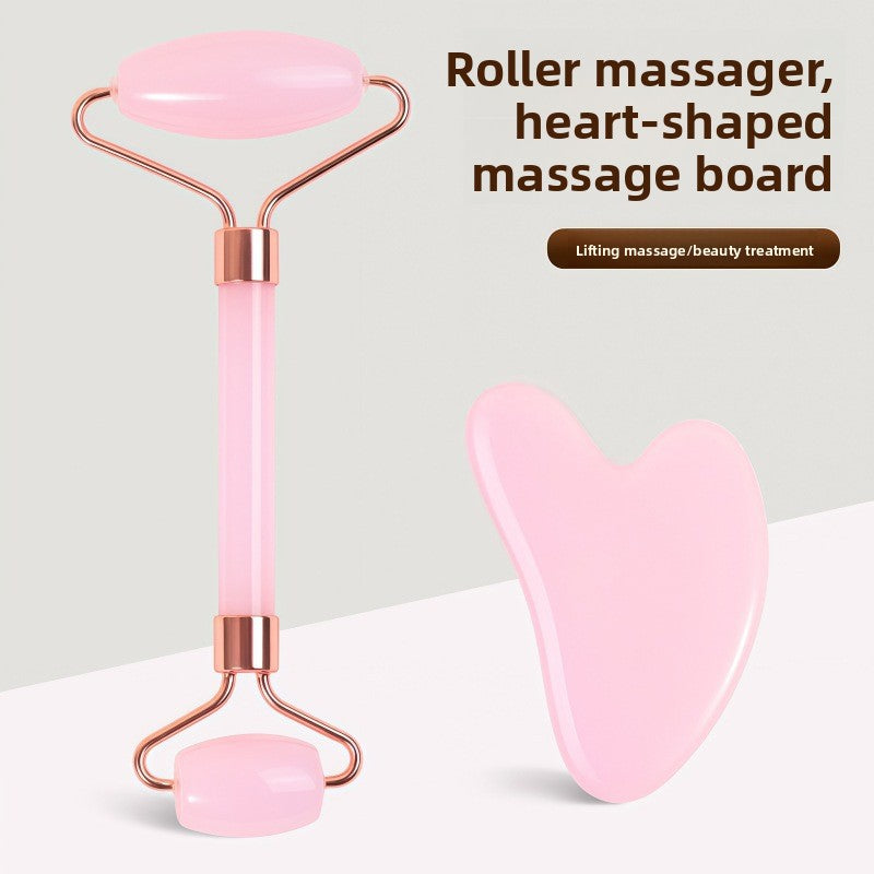 Juego de rodillo de masaje facial y piedra Gua Sha de resina efecto cristal