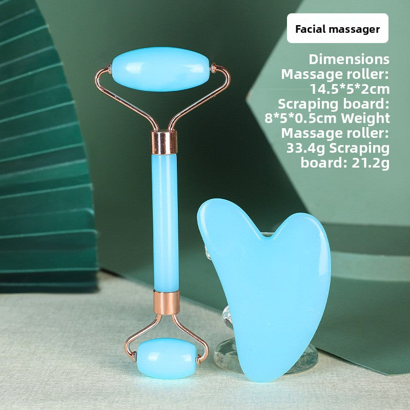Juego de rodillo de masaje facial y piedra Gua Sha de resina efecto cristal