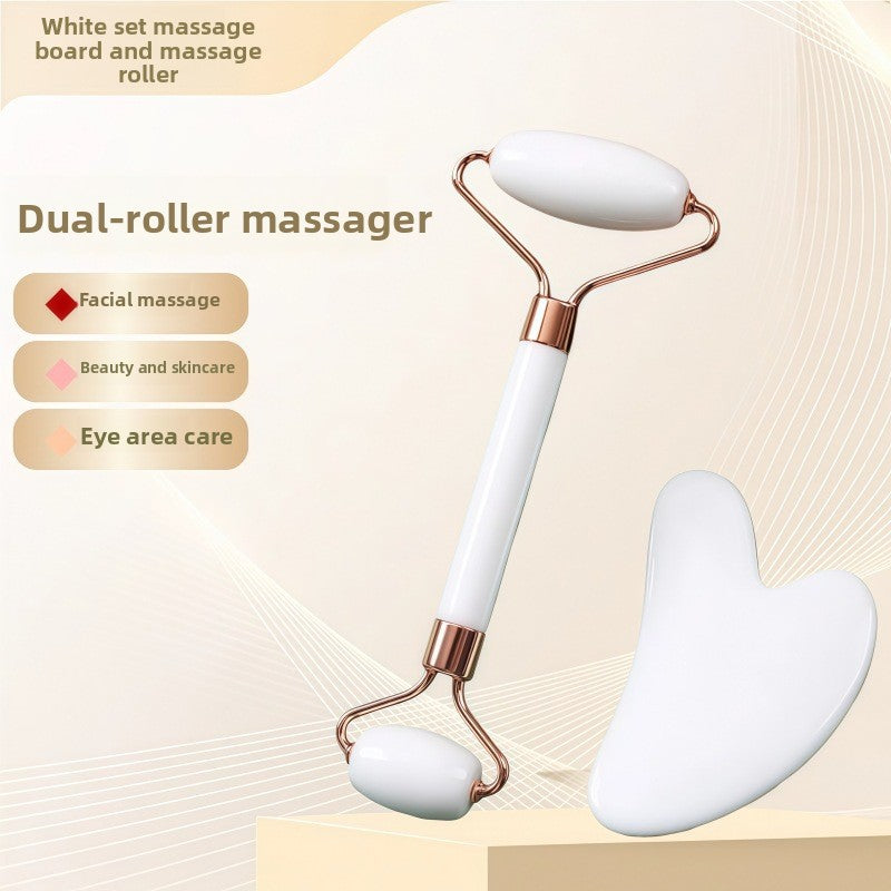 Juego de rodillo de masaje facial y piedra Gua Sha de resina efecto cristal