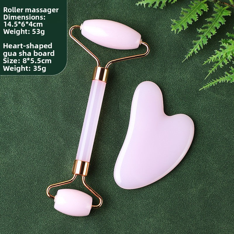 Juego de rodillo de masaje facial y piedra Gua Sha de resina efecto cristal