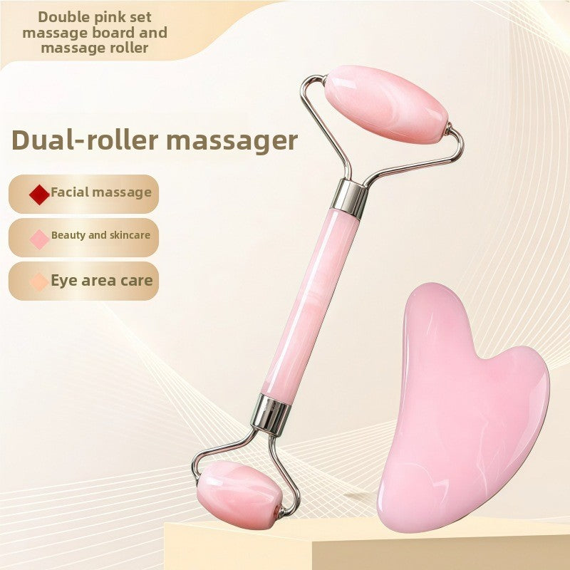 Juego de rodillo de masaje facial y piedra Gua Sha de resina efecto cristal