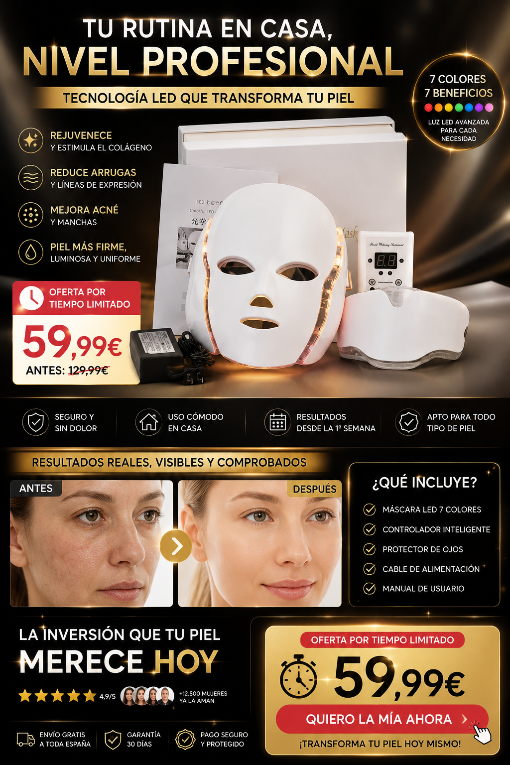 Mascarilla de terapia de luz azul y roja para el rostro, mascarilla facial LED de 7 colores