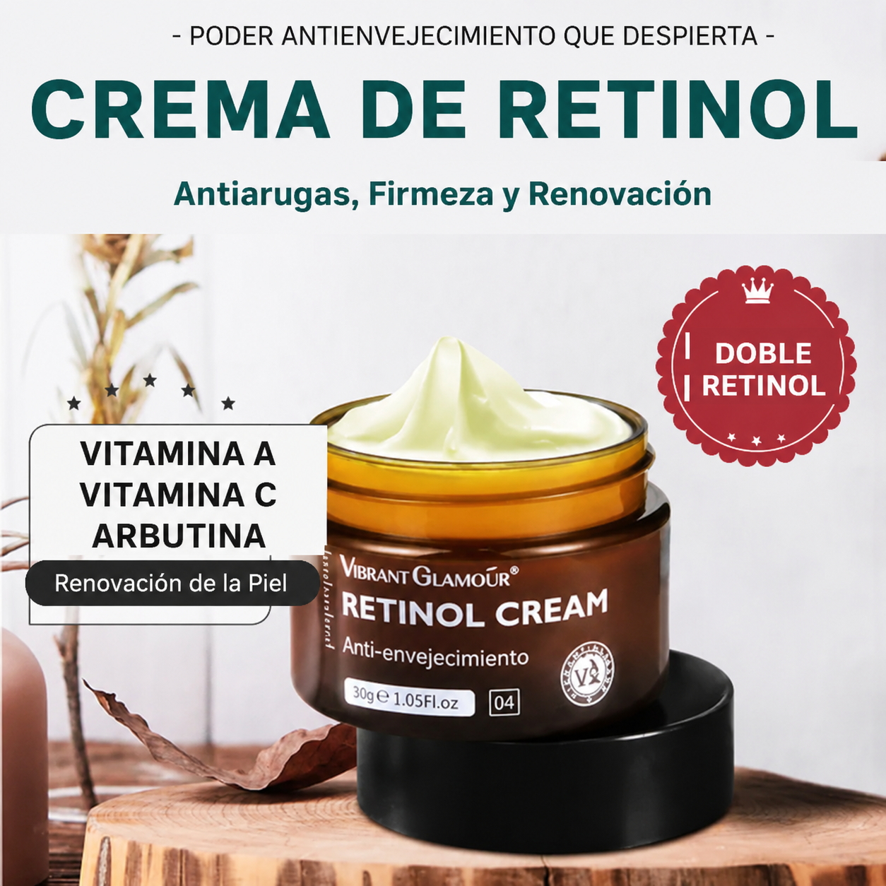 Crema de Retinol Antiarrugas - Vitamina A, C y Arbutina-Doble Potencia