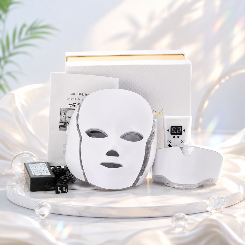 Mascarilla de terapia de luz azul y roja para el rostro, mascarilla facial LED de 7 colores