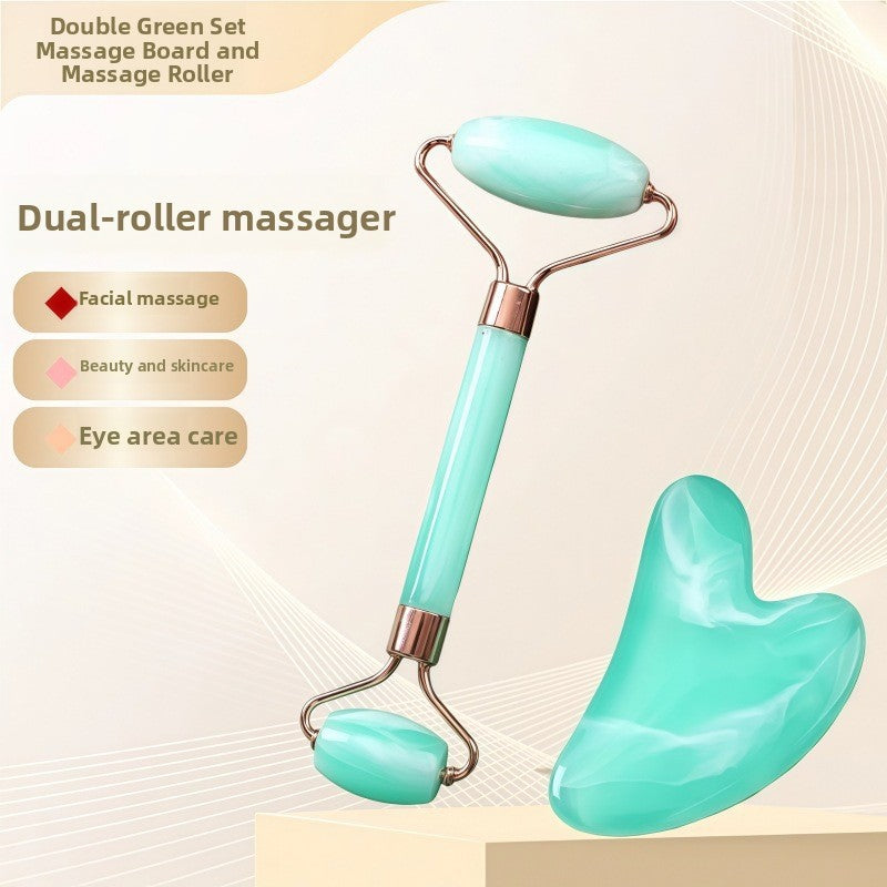 Juego de rodillo de masaje facial y piedra Gua Sha de resina efecto cristal