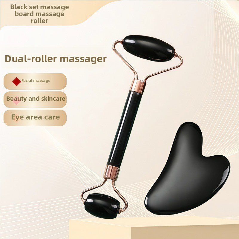 Juego de rodillo de masaje facial y piedra Gua Sha de resina efecto cristal