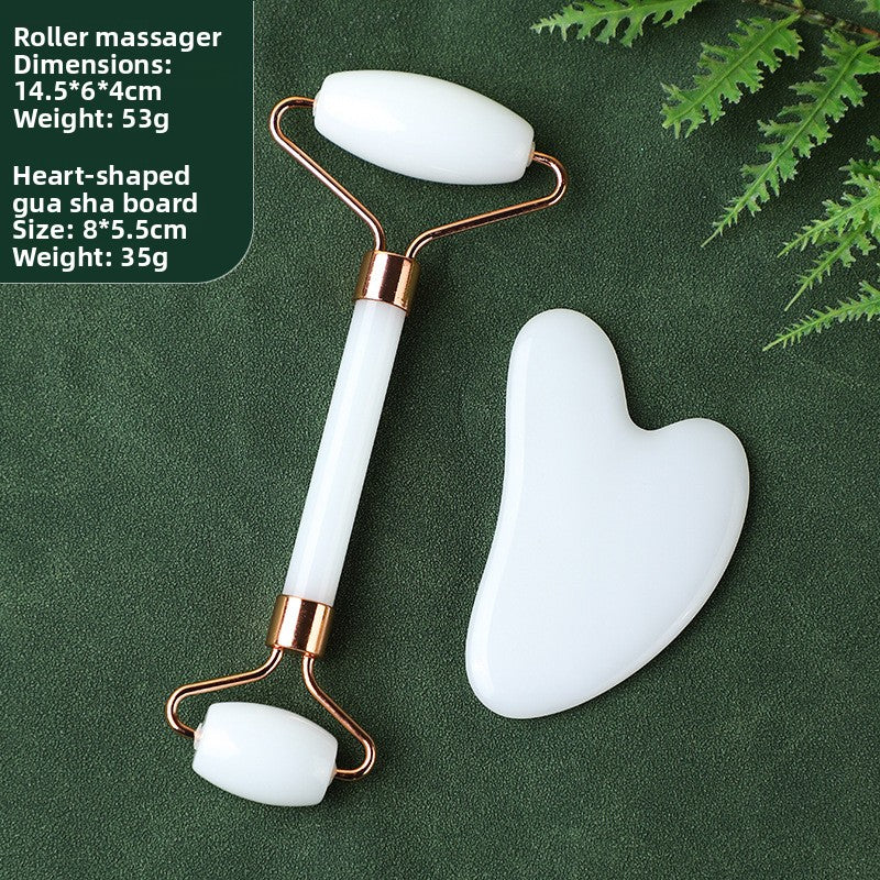 Juego de rodillo de masaje facial y piedra Gua Sha de resina efecto cristal