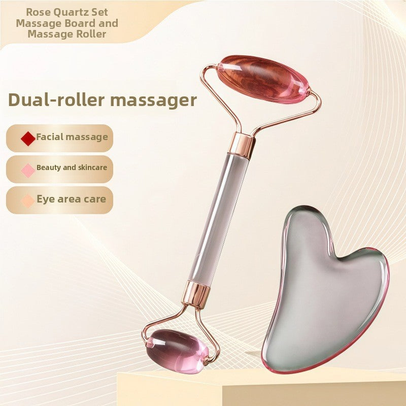 Juego de rodillo de masaje facial y piedra Gua Sha de resina efecto cristal