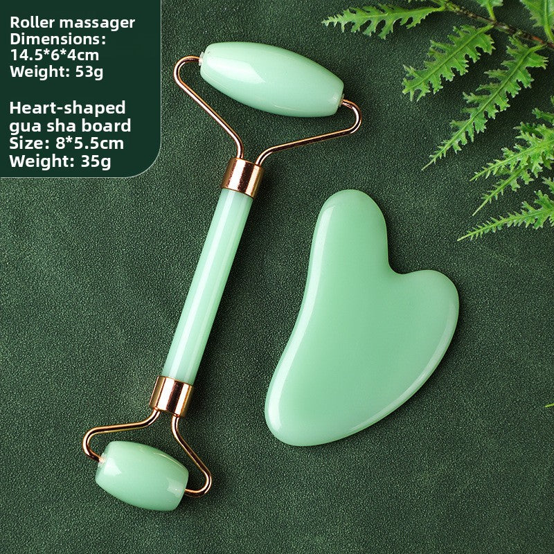 Juego de rodillo de masaje facial y piedra Gua Sha de resina efecto cristal