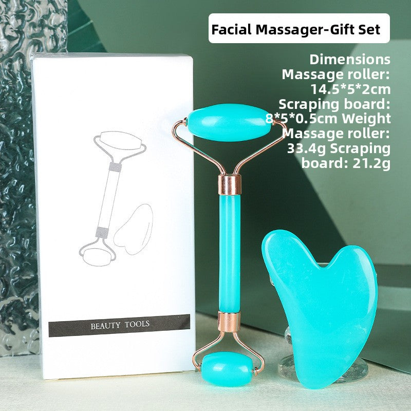 Juego de rodillo de masaje facial y piedra Gua Sha de resina efecto cristal