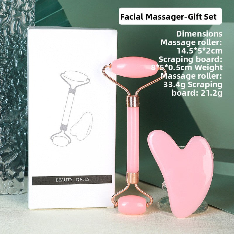Juego de rodillo de masaje facial y piedra Gua Sha de resina efecto cristal