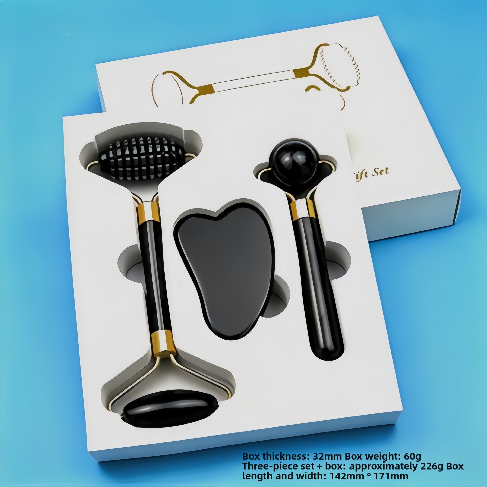 Juego de rodillo de masaje facial y piedra Gua Sha de resina efecto cristal