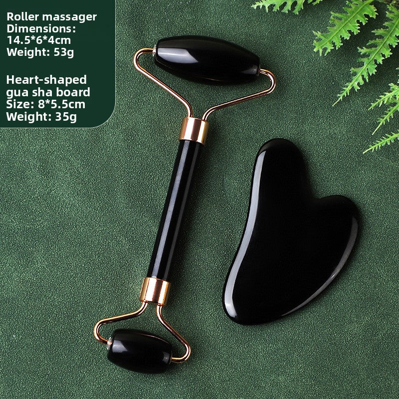 Juego de rodillo de masaje facial y piedra Gua Sha de resina efecto cristal